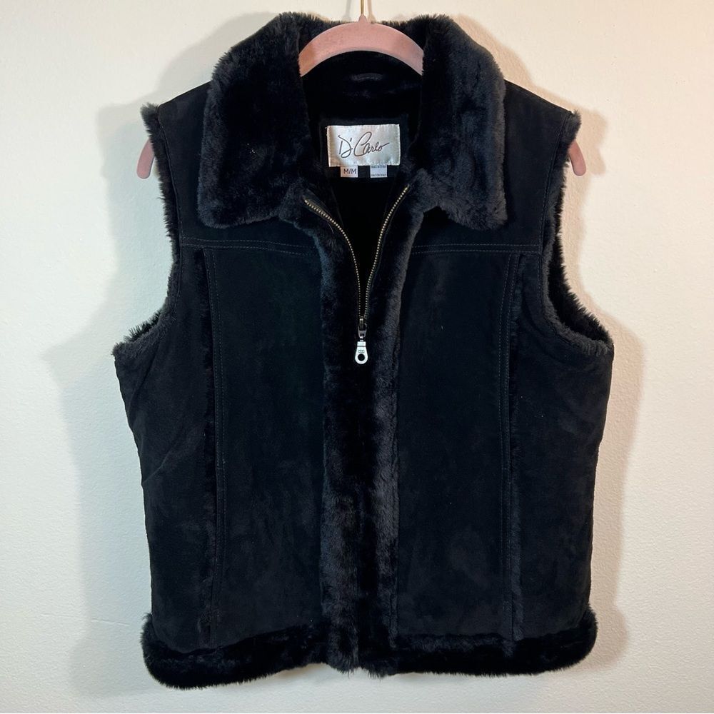 ✨ D’Carlo Women’s Suede Leather Fur Black Zip‎ Up Vest Medium